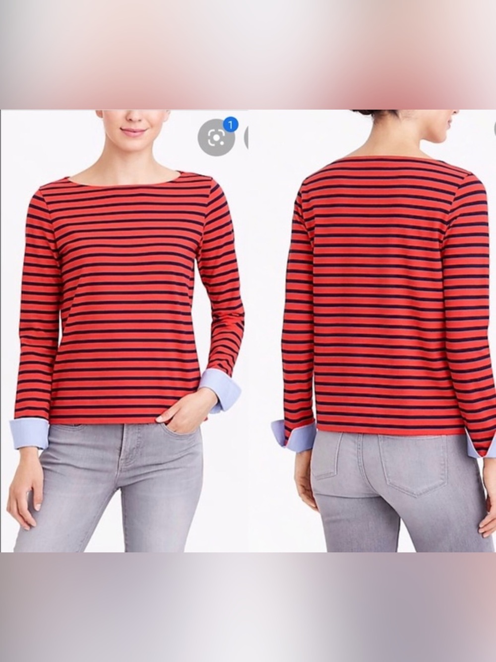 J. Crew Red and Black Striped Long-Sleeve Boatneck Top with Turned Cuffs